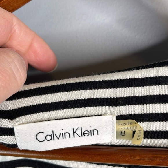 CALVIN KLEIN Striped Belted Faux Wrap Dress Black White 1/2 Sleeve Side Ruched 8 - Picture 8 of 12